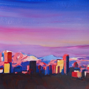 Horizonte de Denver Colorado con montañas rocosas luminosas - Pintura e impresión de bellas artes