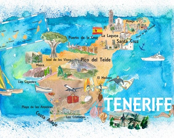 Tenerife Canarias Spain Illustrated Map with Landmarks and Highlights - Fine Art Print