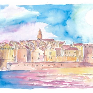May include: Watercolor painting of a city skyline with a bright white sun in the sky. The city is painted in shades of brown, yellow, and orange, with a tall tower in the center. The water in the foreground is painted in shades of blue, pink, and purple.
