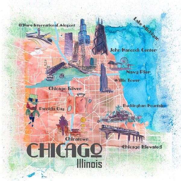 Chicago Favorite Map with touristic Top Ten Highlights - Fine Art Print