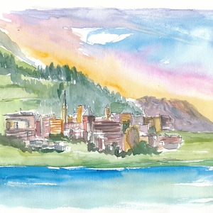 St Moritz Engadin Suiza Estilo alpino con lago y montañas - Impresión de bellas artes de edición limitada - Pintura original disponible