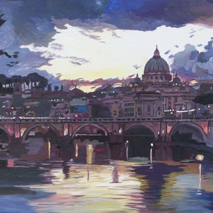 Rome Italy Spectacular Sunset over St Peter Vatican with Tiber and Bridge - Limited Edition Fine Art Print/Original Canvas Painting