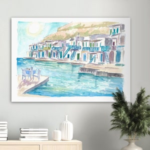 Milos Grecia Sueños de la isla del Egeo con escena del puerto - Impresión de bellas artes de edición limitada - Pintura original disponible