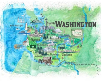 Plakat podróżniczy stanu Waszyngton USA z ilustrowaną mapą artystyczną – wydruk artystyczny