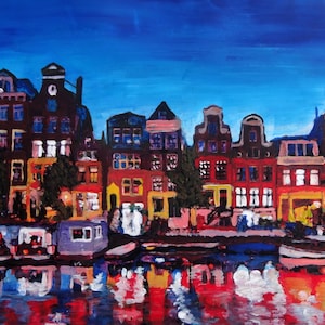 Amsterdam Skyline With Canal At Night Painting & Fine Art Print
