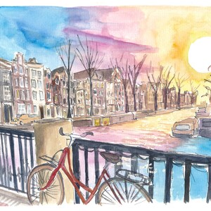 Amsterdam Prinsengracht at Sunset with Red Bike and Canal - Limited Edition Fine Art Print - Original Painting available