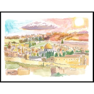 Uitzicht op de stad Jeruzalem met rotskoepel en zonsondergang - Limited Edition Fine Art Print - Origineel schilderij beschikbaar