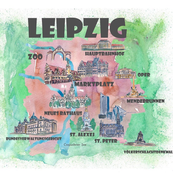 Leipzig Germany - Touristic Favorites Map of Highlights - Fine Art Print