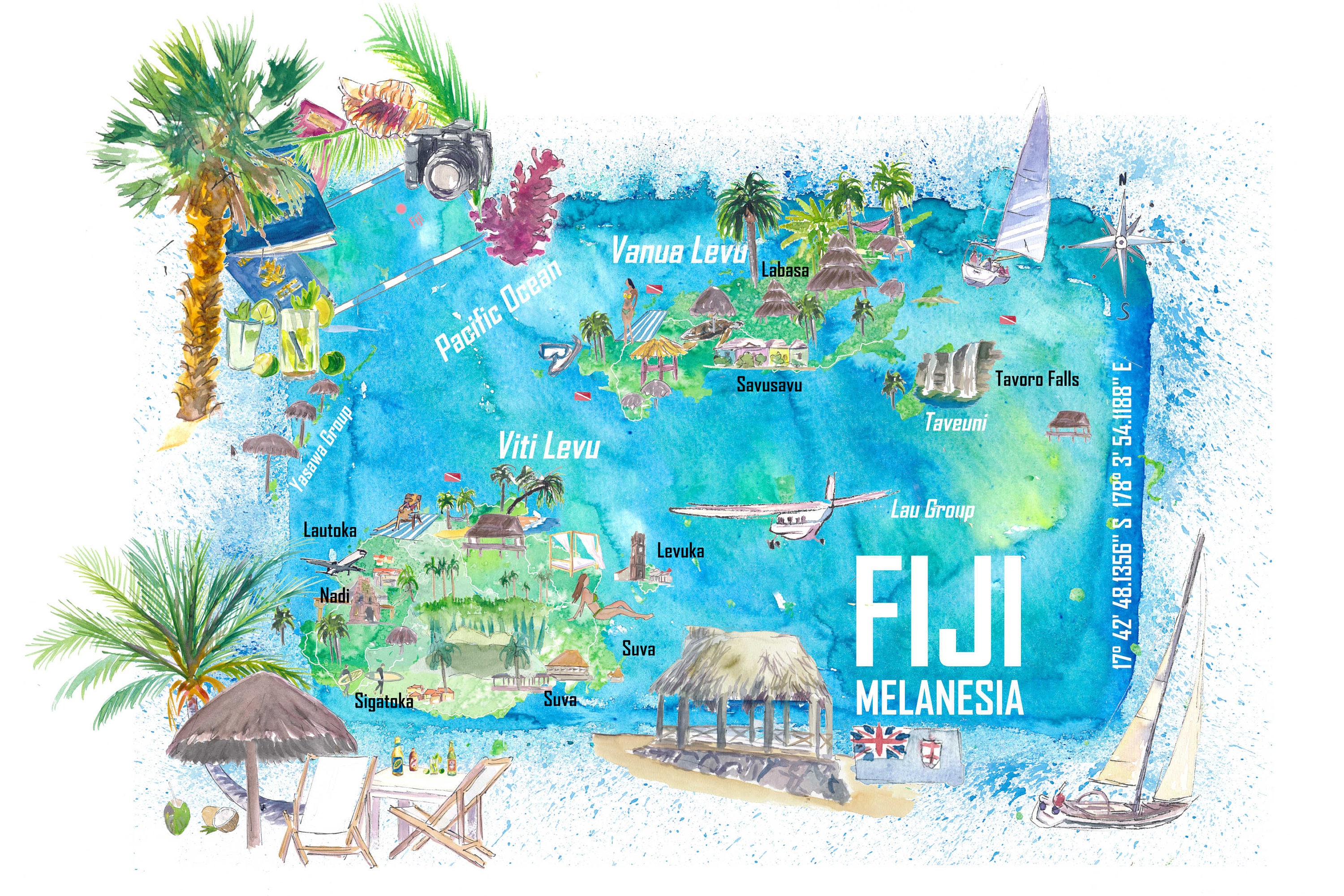 Fiji Illustrated Island Travel Map With Roads and Highlights Etsy Australia
