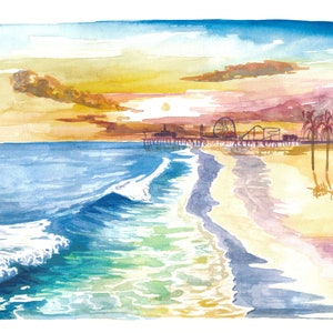 Santa Monica Pier in Golden Californian Sun - Limited Edition Fine Art Print - Original Painting available