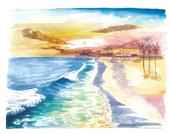 Muelle de Santa Mónica en Golden Californian Sun - Impresión de bellas artes de edición limitada - Pintura original disponible