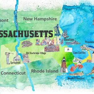 Carte d'affiche de voyage illustrée de l'État du Massachusetts aux États-Unis avec des points forts touristiques