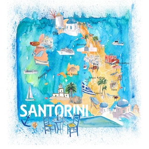 Mapa ilustrado de Santorini, Grecia, con carreteras principales, lugares de interés y atracciones (impresión artística)