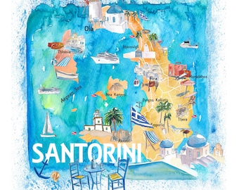 Santorini Illustrated Map Wall Art – Greece Travel Map Print Romantic Island Decor