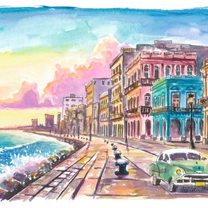 May include: Watercolor painting of a coastal city street scene. Buildings in shades of pink, yellow, and blue line the street. A green vintage car is parked on the right. The sky is blue with pink clouds, and the ocean is on the left.