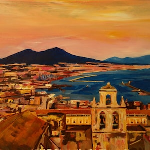 Wonderful City View of Naples Italy with Mount Vesuvio and Gulf (Giclee & Original Painting)