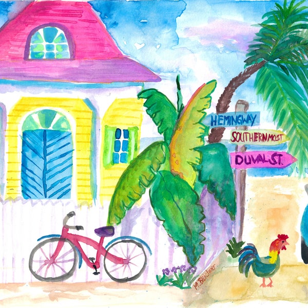 Yellow Conch House Tropical Street Scene With Bike and Rooster - Limited Edition Fine Art Print - Original Painting available