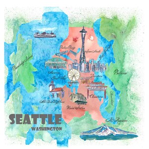 Seattle Washington Fine Art Print Retro Vintage Reiseposter Karte mit touristischen Highlights