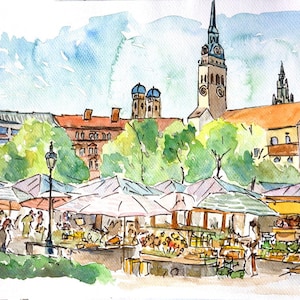 München Bayern Viktualienmarkt Markt Szene Aquarell Aquarell