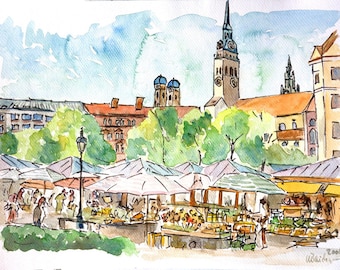 Munich Bayern Viktualienmarkt Markt Szene Aquarell Aquarell