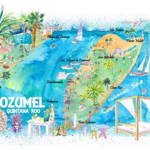 Cozumel Quintana Roo Mexique Carte de voyage illustrée avec routes et points forts