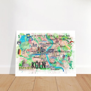Mapa ilustrado de Colonia, Alemania, con carreteras y puntos turísticos destacados
