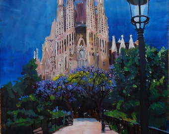 May include: A painting depicting the Sagrada Familia church in Barcelona, Spain. The church is a large, elaborate building with numerous towers and spires. The painting is executed in a realistic style and showcases a vibrant blue sky and verdant trees.