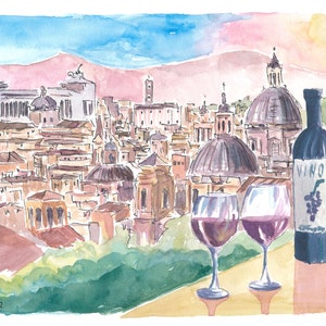 Romantischer Vino in Roma Italien mit Panoramablick vom Hügel - Limitierter Fine Art Print - Original Gemälde verfügbar