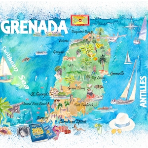 Grenada Antilles Illustrated Caribbean Travel Map with Highlights of West Indies Island Dream