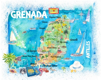 Grenada Antilles Illustrated Caribbean Travel Map with Highlights of West Indies Island Dream