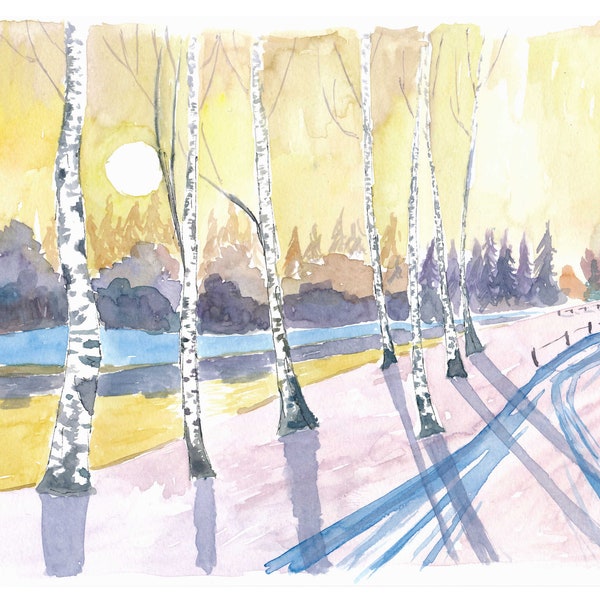 Scandinavian Winter Walk Scene with Snow and Birch Forest - Limited Edition Fine Art Print