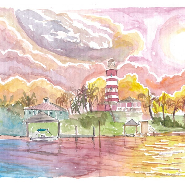 Incredible Sunset of Caribbean Lighthouse and Town on Abaco Islands Bahamas - Limited Edition Fine Art Print - Original Painting available