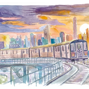 Queens Subway Line 7 bij zonsondergang boven Manhattan - Limited Edition Fine Art Print - Origineel schilderij beschikbaar