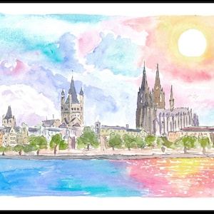 Cologne Germany Waterfront with Cathedral and Rhine - Limited Edition Fine Art Print - Original Painting available