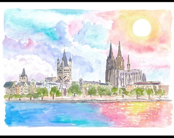 Cologne Germany Waterfront with Cathedral and Rhine - Limited Edition Fine Art Print - Original Painting available