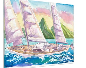 Sailboat and St Lucia Pitons in Caribbean Sailing Scene with Ocean Spray - Limited Edition Fine Art Print - Original Painting available