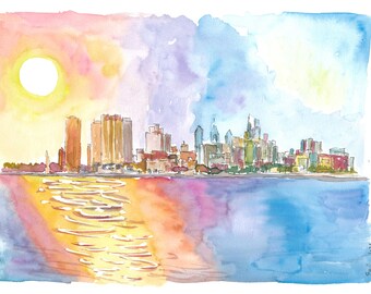 May include: Watercolor painting of a city skyline with a sun setting over the water. The city is painted in shades of gray and brown, while the water is painted in shades of blue and yellow.
