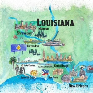 Carte d'affiche de voyage de l'État de Louisiane aux États-Unis avec les points forts touristiques