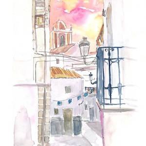 Paseo romántico por la calle Tarifa con historia en Andalucía España - Impresión de bellas artes de edición limitada - Pintura original disponible