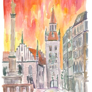 Peut inclure: Peinture à l'aquarelle d'une scène de rue de ville avec une haute tour au centre. Le ciel est d'un orange et d'un jaune vifs, et les bâtiments sont peints dans des tons de gris et de blanc.