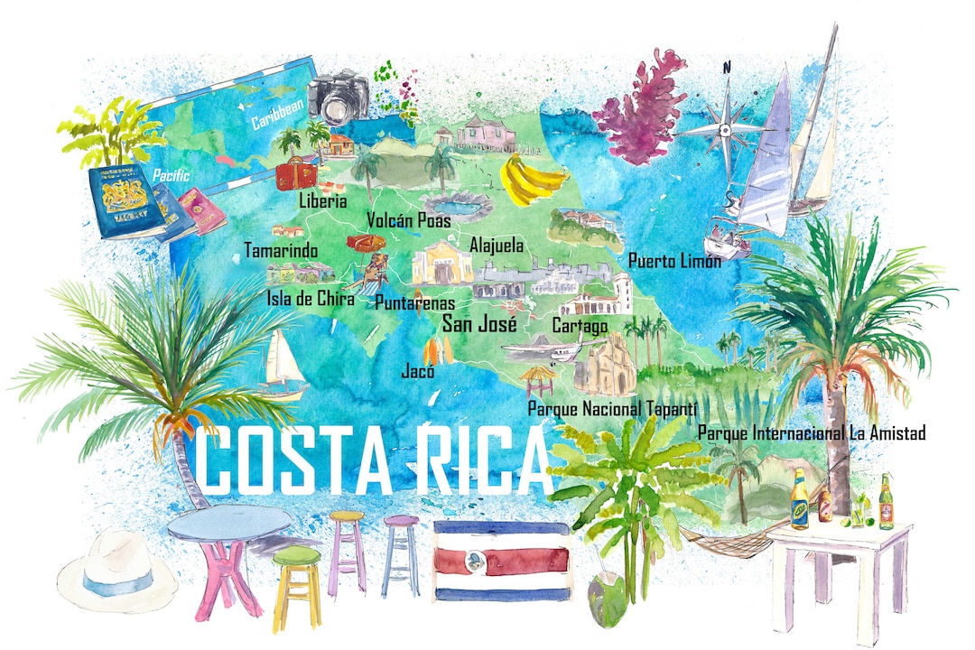 Costa Rica Illustrated Travel Map With Roads and Highlights - Etsy