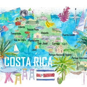 Carte de voyage illustrée du Costa Rica avec routes et points forts