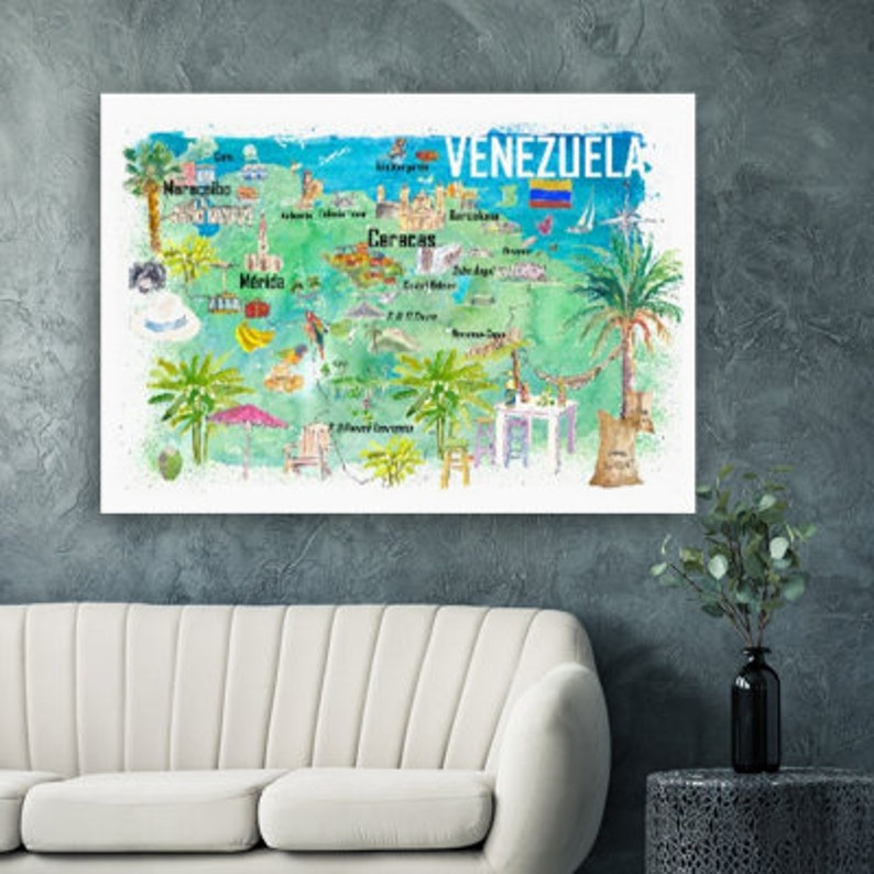 May include: A watercolor illustration of a map of Venezuela with the word "Venezuela" at the top. The map is surrounded by green palm trees and a blue sky. The map shows the cities of Caracas, Merida, and Maracaibo. The map also shows the flag of Venezuela.