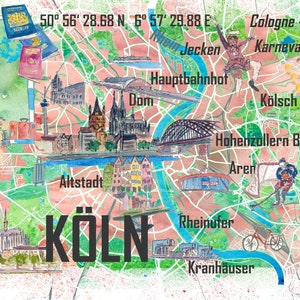 Mapa ilustrado de Colonia, Alemania, con carreteras y lugares turísticos destacados.