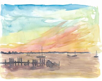 Florida Keys Romantic Sunset with Boats - Original Painting & Art Print