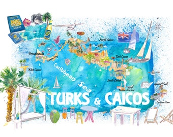 Turks & Caicos Antilles Illustrated Travel Map with Roads and Highlights