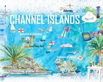 Channel Islands Guernsey Jersey Alderney Illustrated Travel Map with Roads  and Highlights Fine Art Print