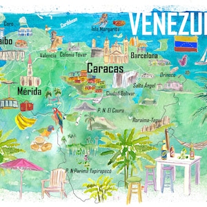 Venezuela Illustrierte Reisekarte mit historischen Highlights