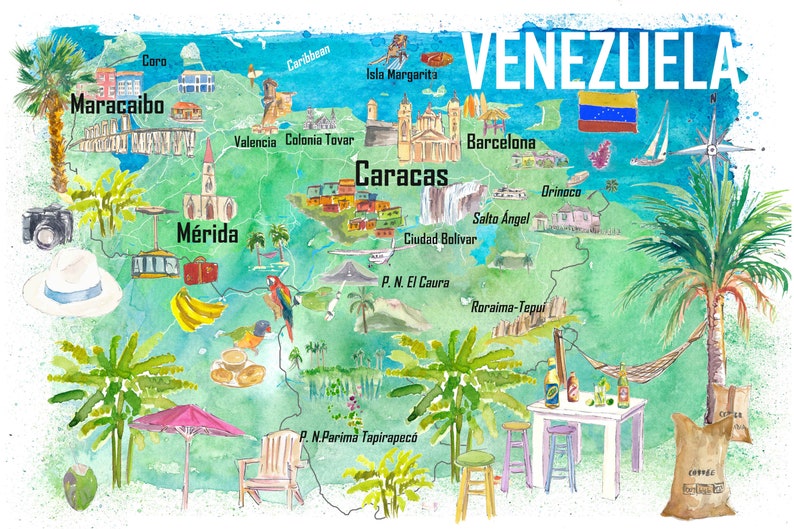 May include: A watercolor illustration of a map of Venezuela with various cities and landmarks labeled. The map is surrounded by tropical plants, a hammock, and a table with drinks. The text "VENEZUELA" is written in large, bold letters at the top of the map.