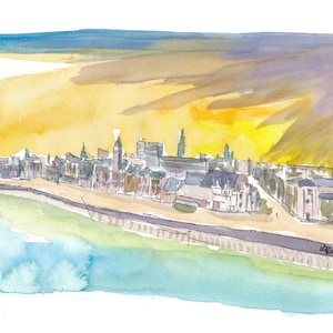 Ciudad de Aberdeen Escocia al atardecer - Impresión de bellas artes de edición limitada - Pintura original disponible